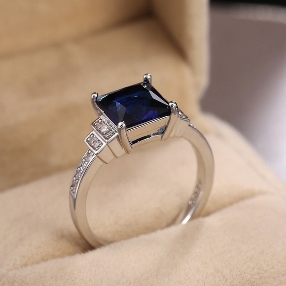 Princess Cut 925 Blue Sapphire Solitaire Ring - Picture 8 of 11